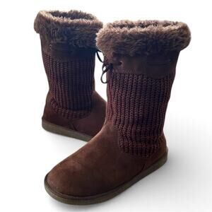 Faded Glory Women's Boots 6 Brown Crochet Faux Leather Faux Fur Lining Pull On